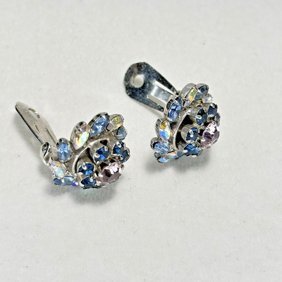 Vtg Blue Austria Crystal Aurora Borealis Prong Set Clip On Earrings Silver-tone - Picture 7 of 16